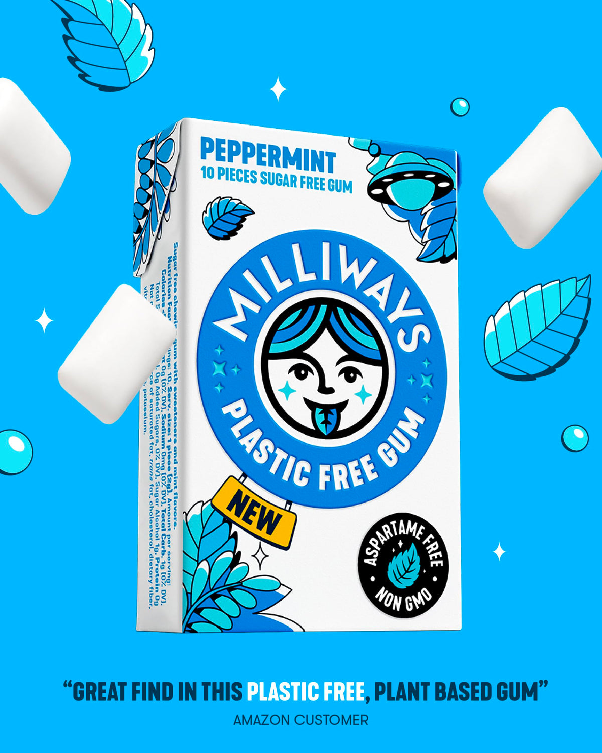 Milliways Peppermint gum bag open reveals compact, travel-ready 10-piece portions.