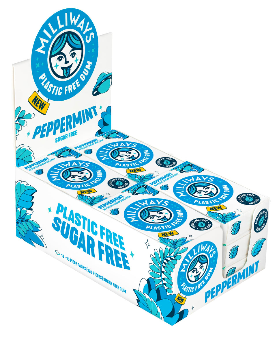 Milliways Peppermint gum packaging shows plastic-free, eco-friendly design for mindful shoppers.