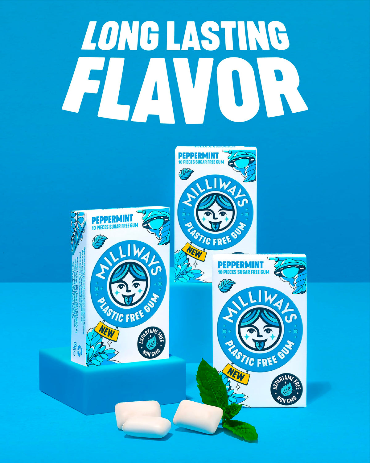 Milliways Peppermint gum pieces in hand demonstrate convenient, everyday chewing on the go.