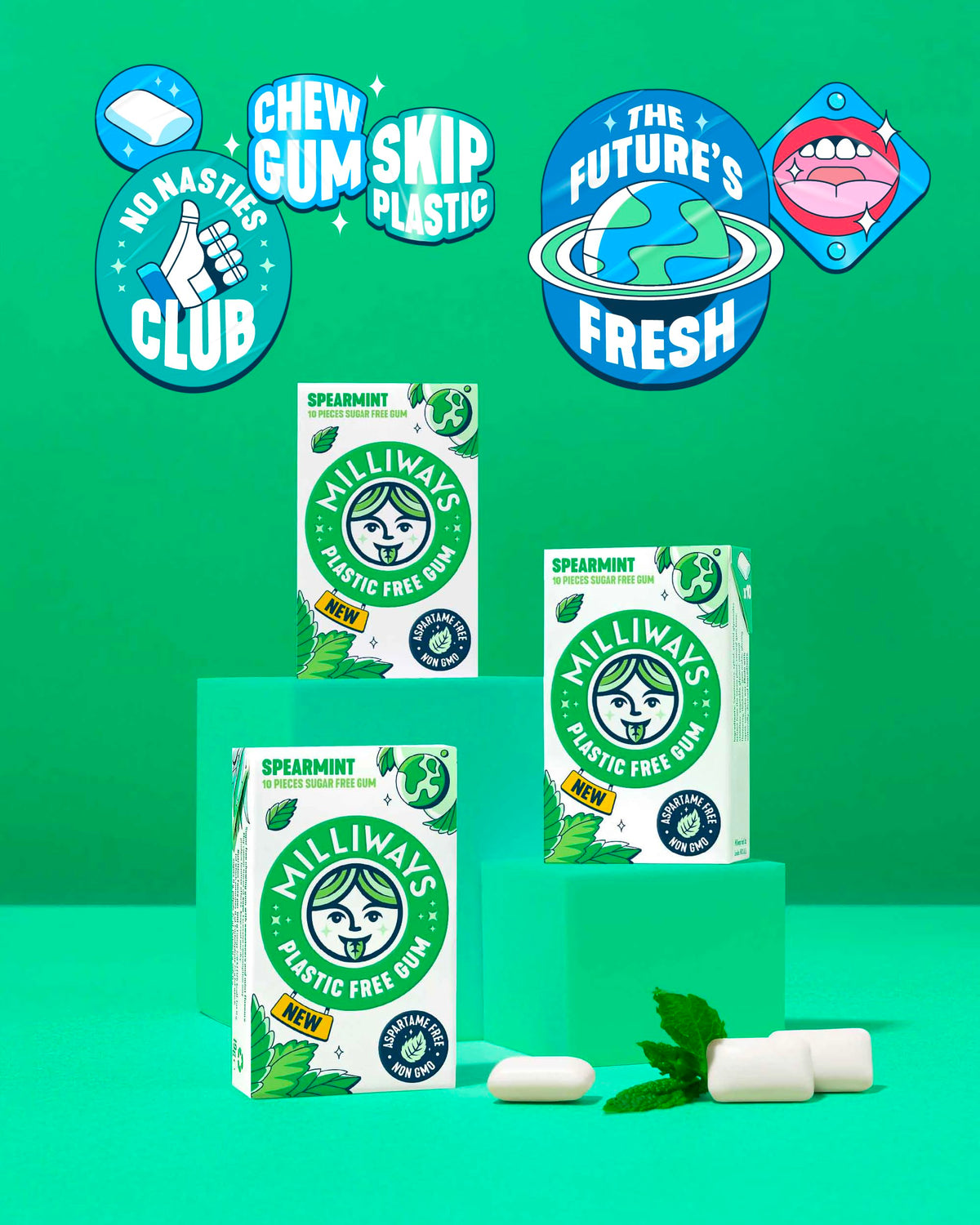 Milliways Spearmint gum label highlights natural ingredients.