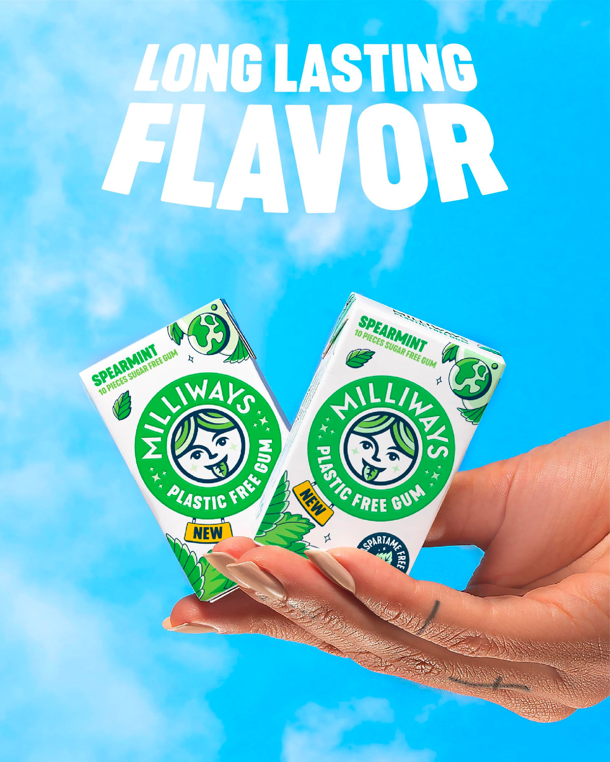 Milliways Spearmint gum pack opened shows plastic-free packaging.