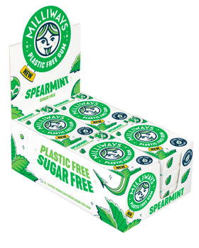 Milliways Spearmint gum packaging in an eco-friendly box, plastic-free.