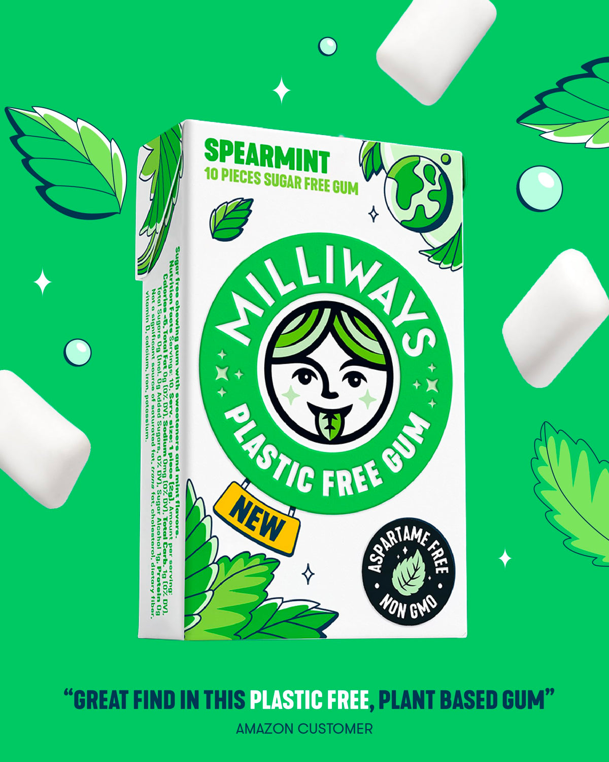 Milliways Spearmint gum tablets close-up reveal natural spearmint flavor.