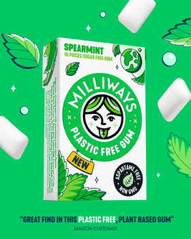 Milliways Spearmint gum tablets close-up reveal natural spearmint flavor.