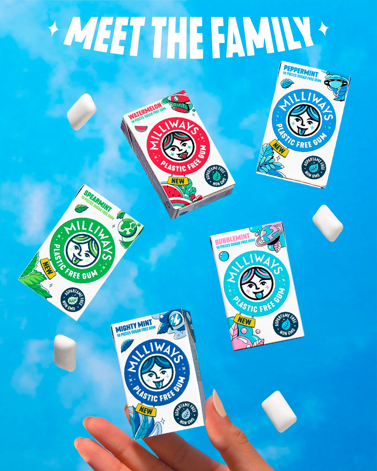 Milliways Spearmint gum vegan gluten-free icons on packaging.