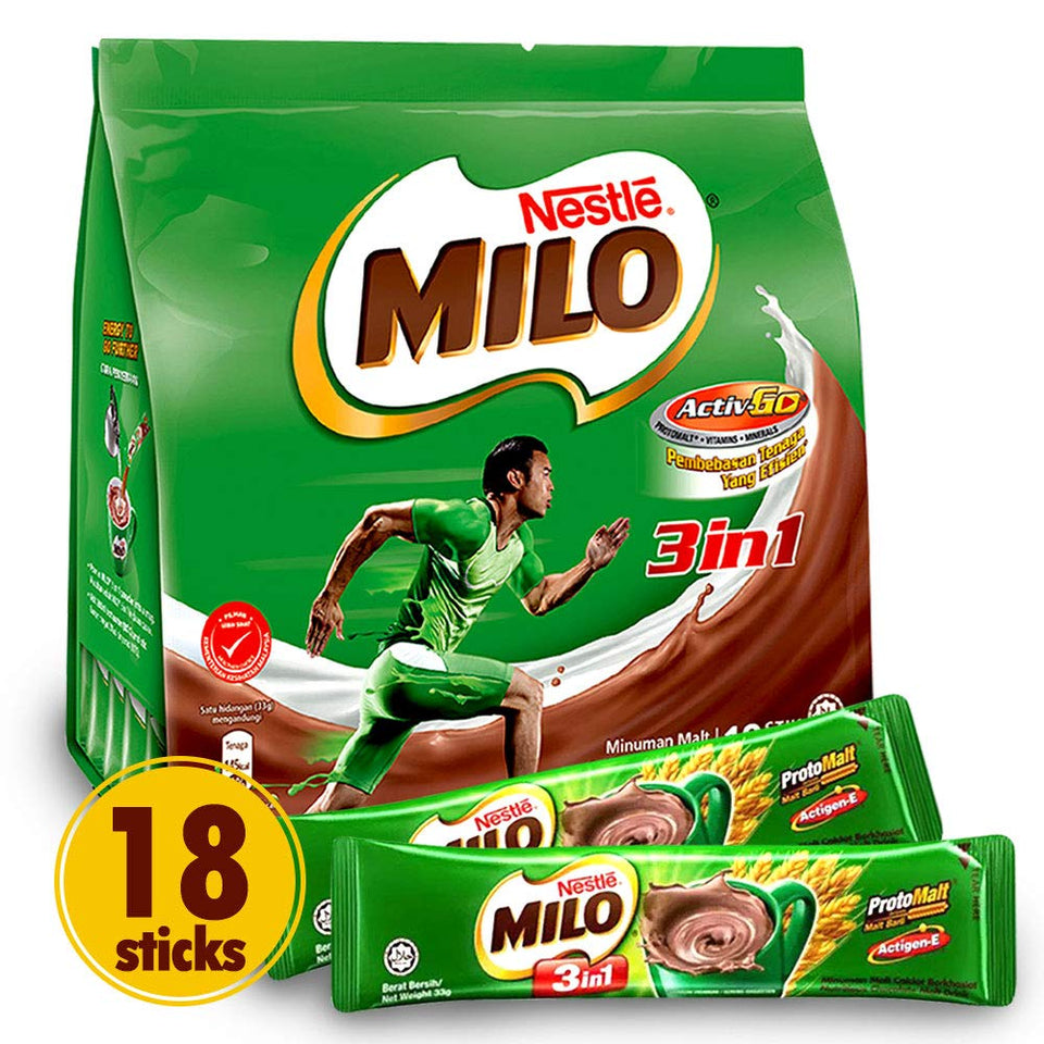 MILO 3-in-1 stick pack with 18 sticks for on-the-go energy