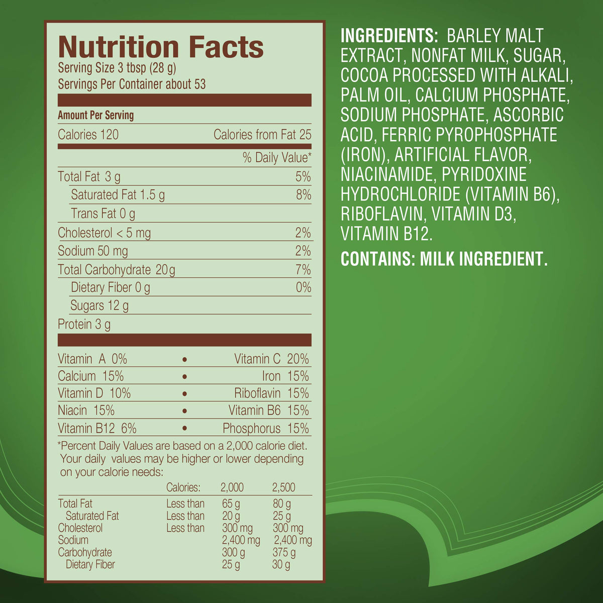 Nutrition facts label showing vitamins and calcium