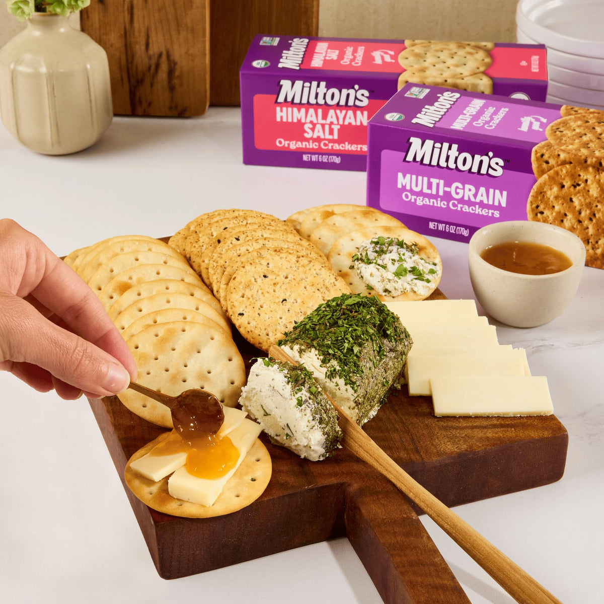 Milton's Multi-Grain Crackers close-up texture with seeds for snacking.