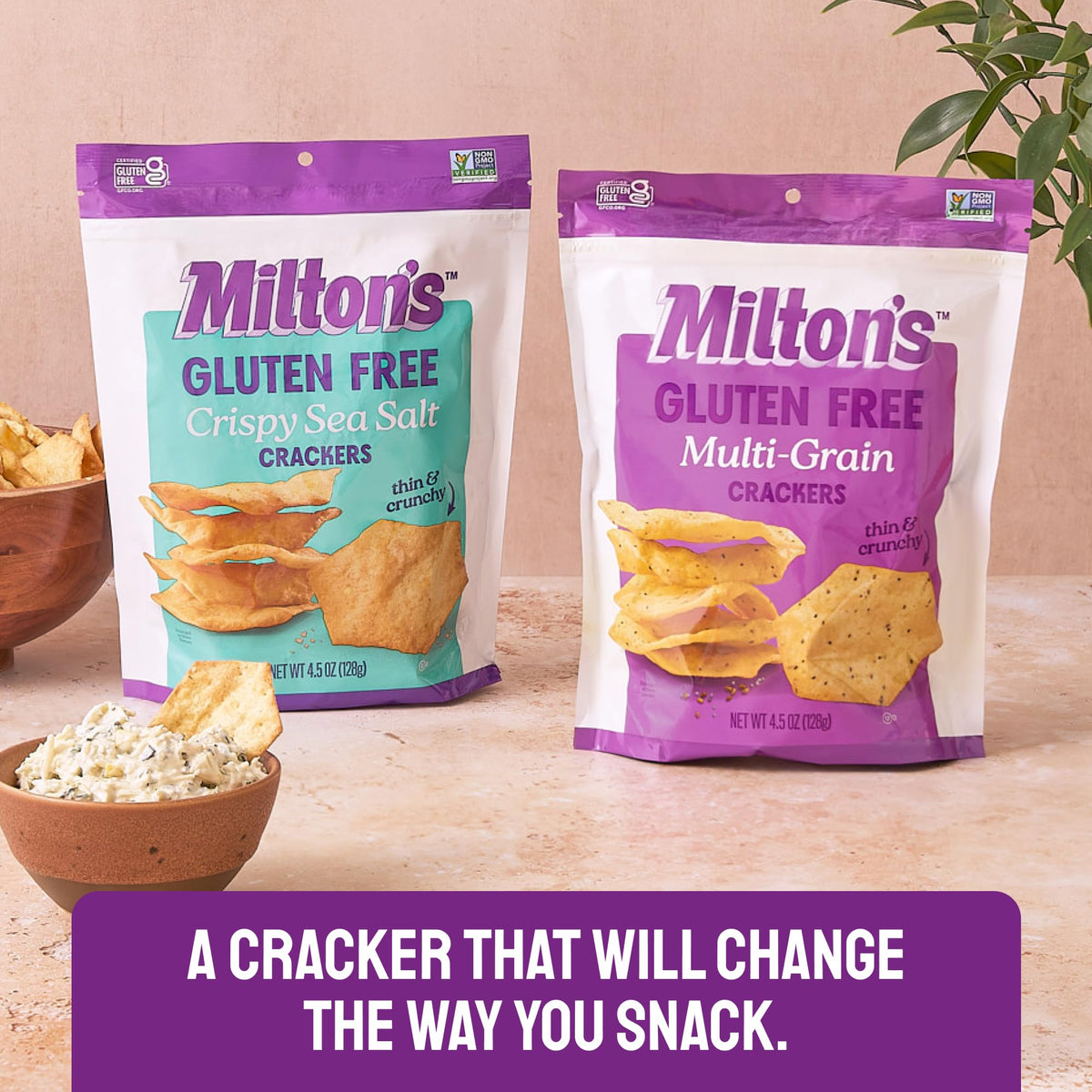 Milton’s Craft Bakers Crackers Non-GMO Kosher, nut-free convenience.