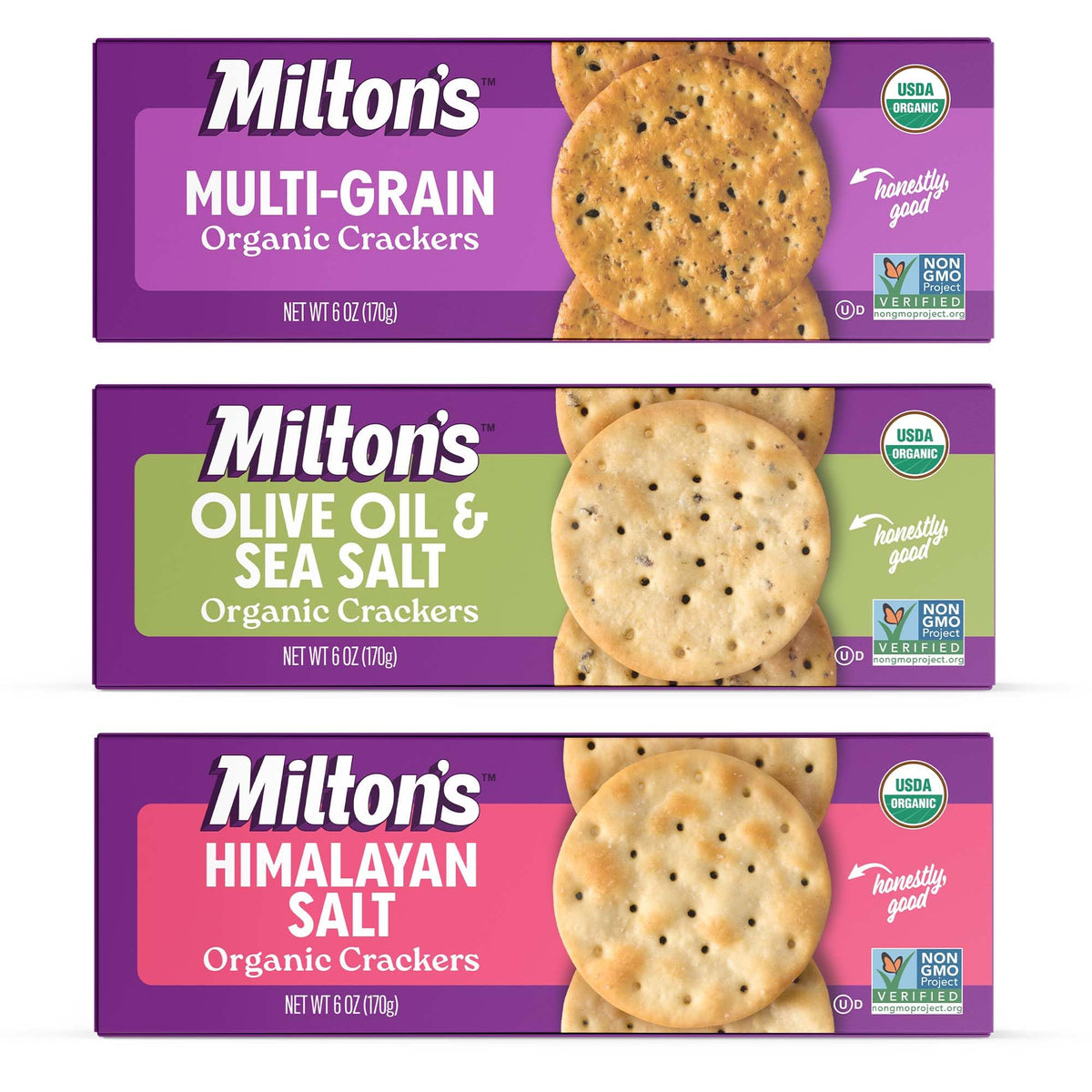 Milton's Craft Bakers Organic Crackers Variety Bundle multi-grain on rustic board for entertaining