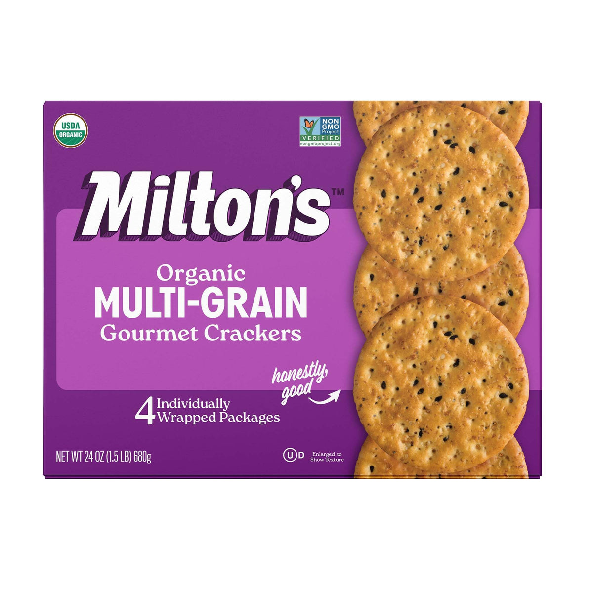 Milton's Craft Bakers Organic Multi-Grain crackers packshot ideal for sharing with cheeses.