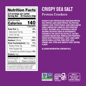 Milton's Protein Crackers plant-protein blend supports steady energy between meals.