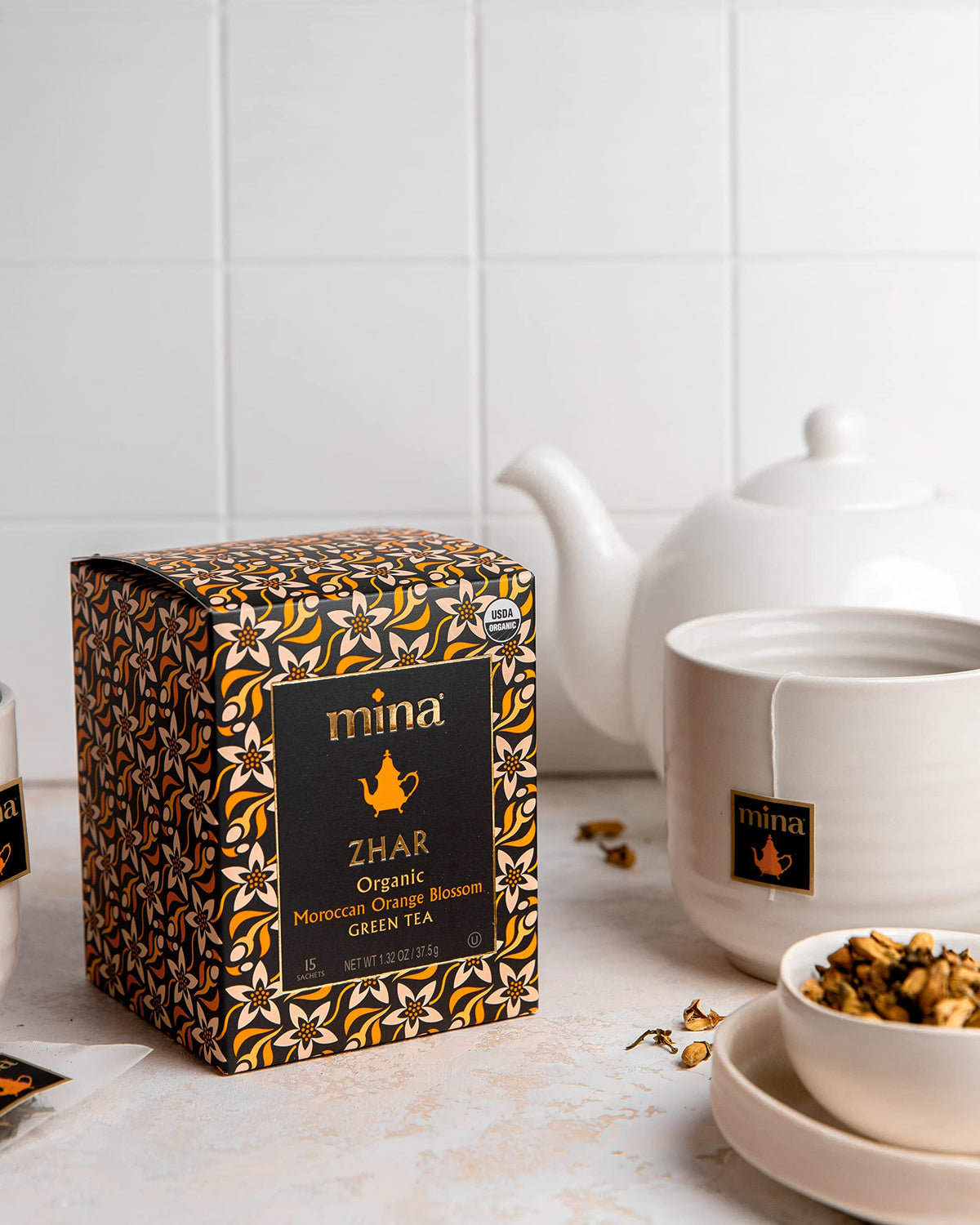 Mina biodegradable tea sachets and eco-friendly packaging.