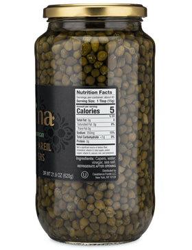 Closeup of Mina Capers Non Pareil capers showing vibrant green pearls for briny brightness.