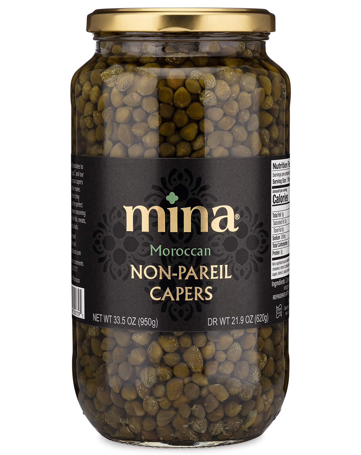 Mina Capers Non Pareil jar with emerald capers for versatile Mediterranean seasoning.
