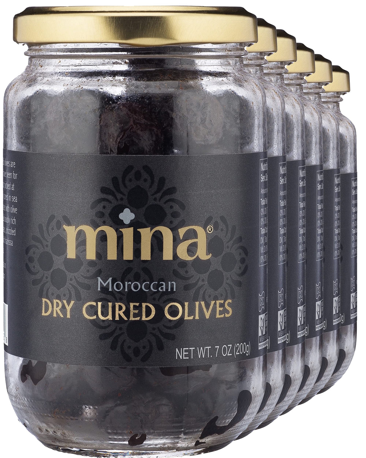 Mina dry cured black olives in a jar with glossy, rich skins ideal for antipasto.