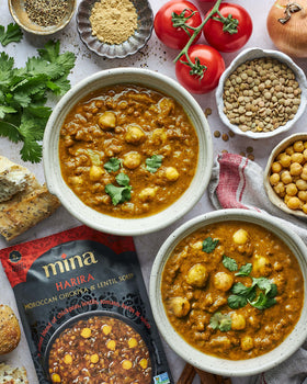 Mina Harira on pantry shelf, a convenient plant-based meal option.