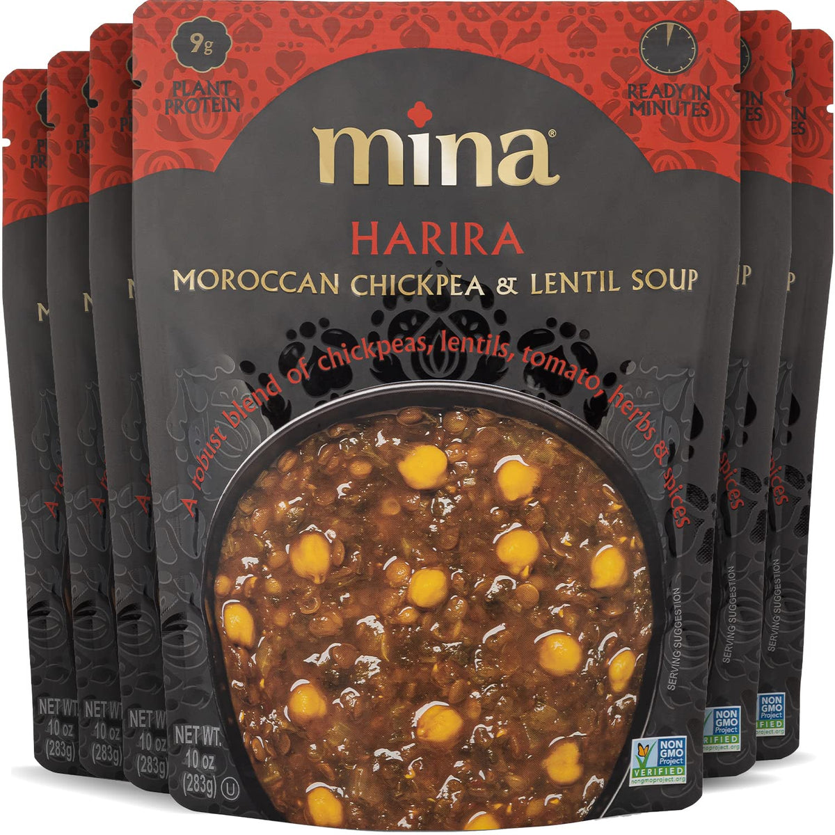 Mina Harira six-pack packaging on the counter, ideal for quick weeknight meals.
