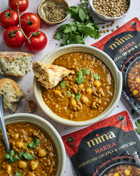 Vegan, kosher, gluten-free labels on Mina Harira packaging for dietary needs.
