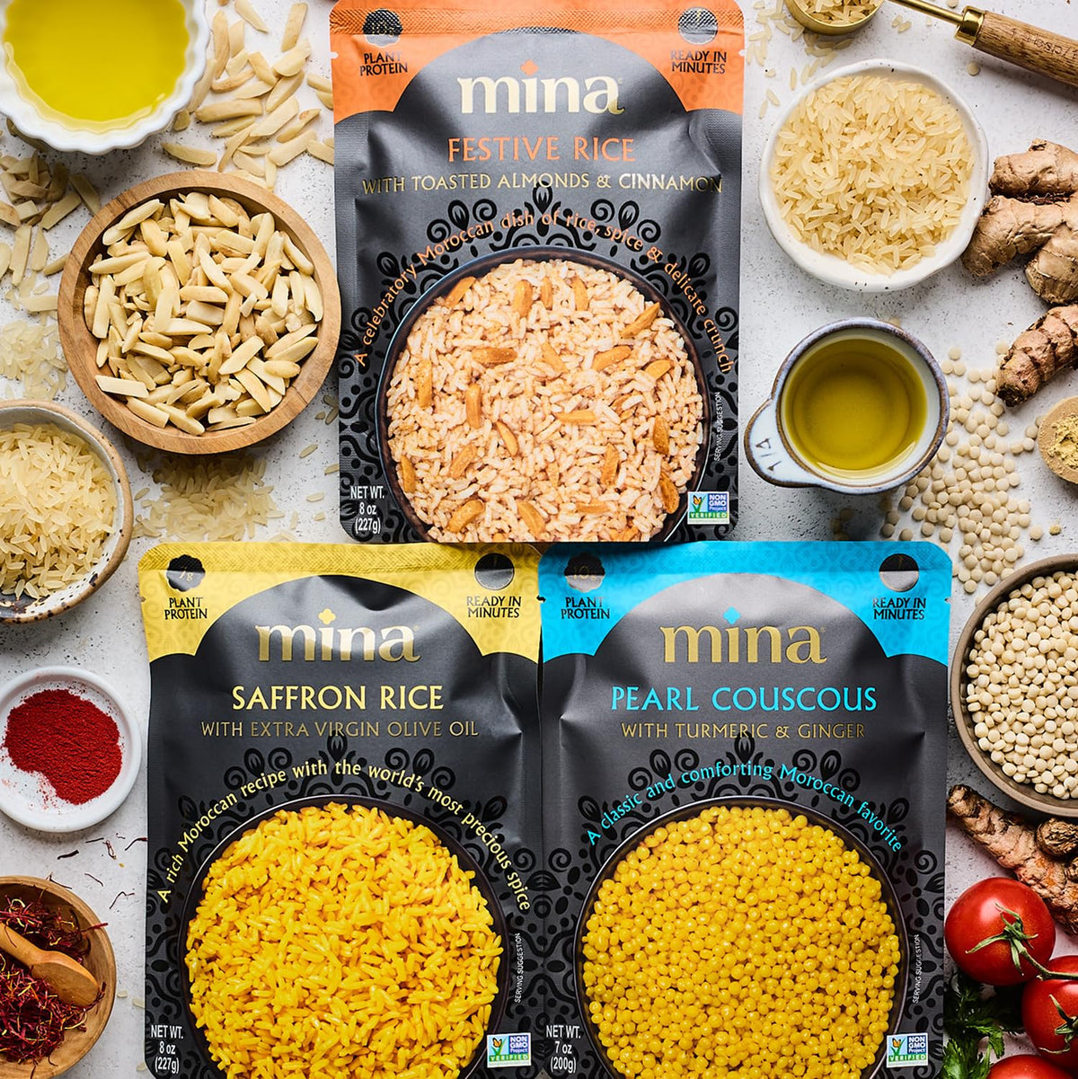 Mina ingredients close-up; premium herbs and spices with no artificial additives.
