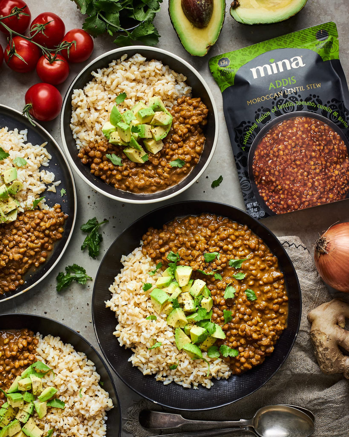 Mina Lentils served with rice or bread for versatile sides.