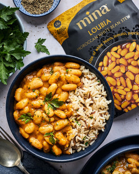 Mina Loubia stew six-pack packaging shown for bulk pantry stock.