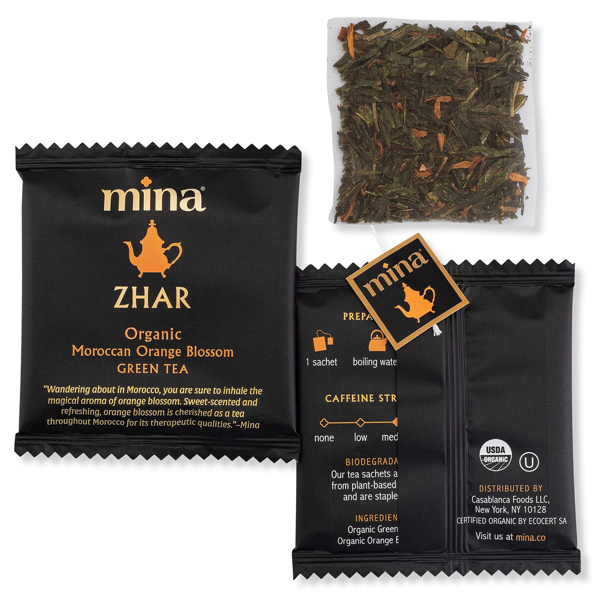 Mina Moroccan flavor with floral citrus aroma in cup.