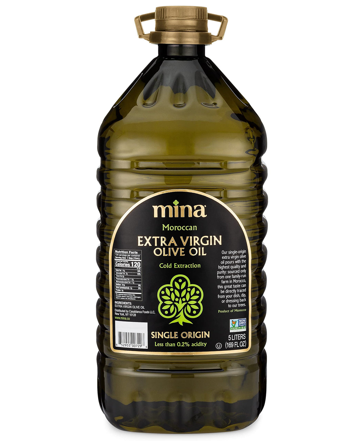 Mina Moroccan olive oil bottle, 5L, highlighting single-origin purity.