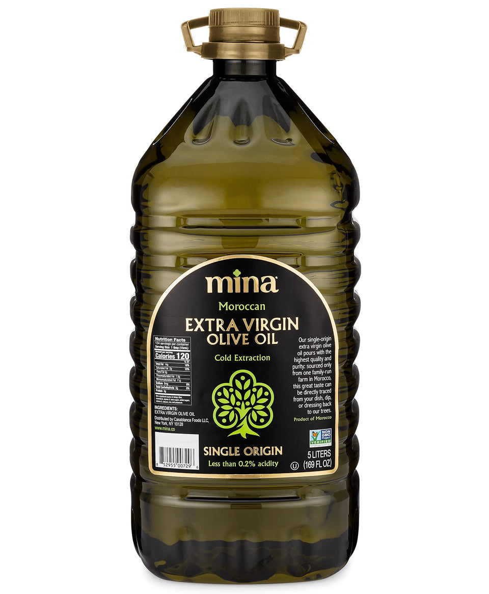 Mina Moroccan olive oil bottle, 5L, highlighting single-origin purity.