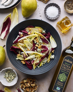 Mina olive oil labeling mentions cold extraction for freshness.