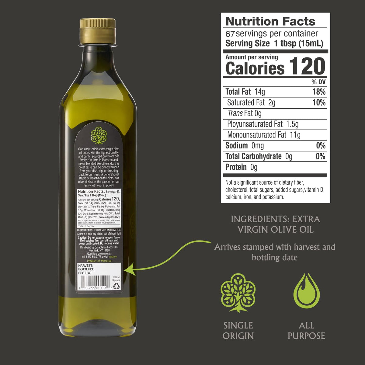 Mina Moroccan Olive Oil pour showcasing versatile cooking uses