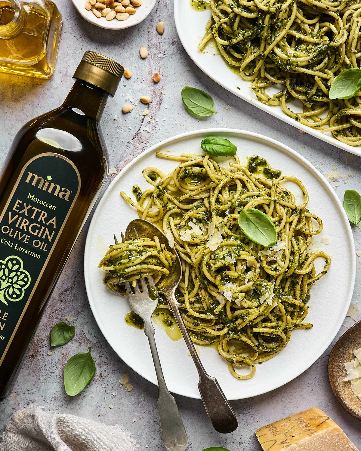 Mina Olive Oil used in dressings and pasta for enhanced taste.