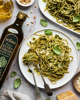 Mina Olive Oil used in dressings and pasta for enhanced taste.