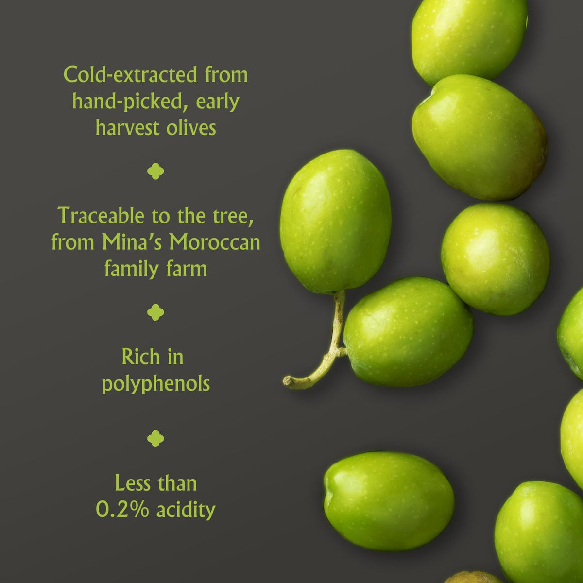Close-up of Mina olive oil label, noting cold extraction and polyphenols.