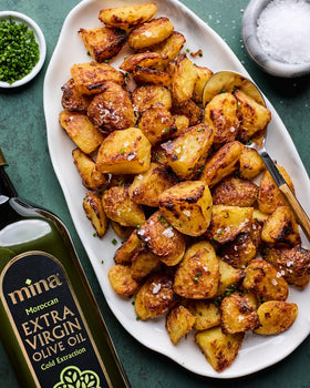 Mina olive oil label highlights polyphenols and heart-healthy fats.