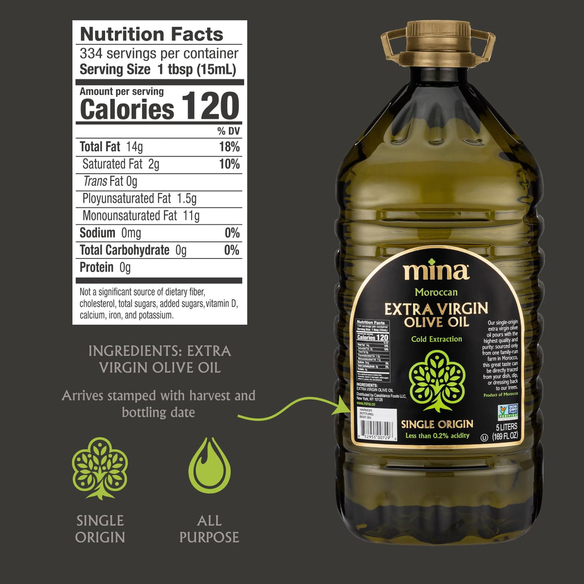 Mina olive oil being poured, showing smooth, rich drizzle.
