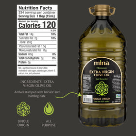 Mina olive oil being poured, showing smooth, rich drizzle.