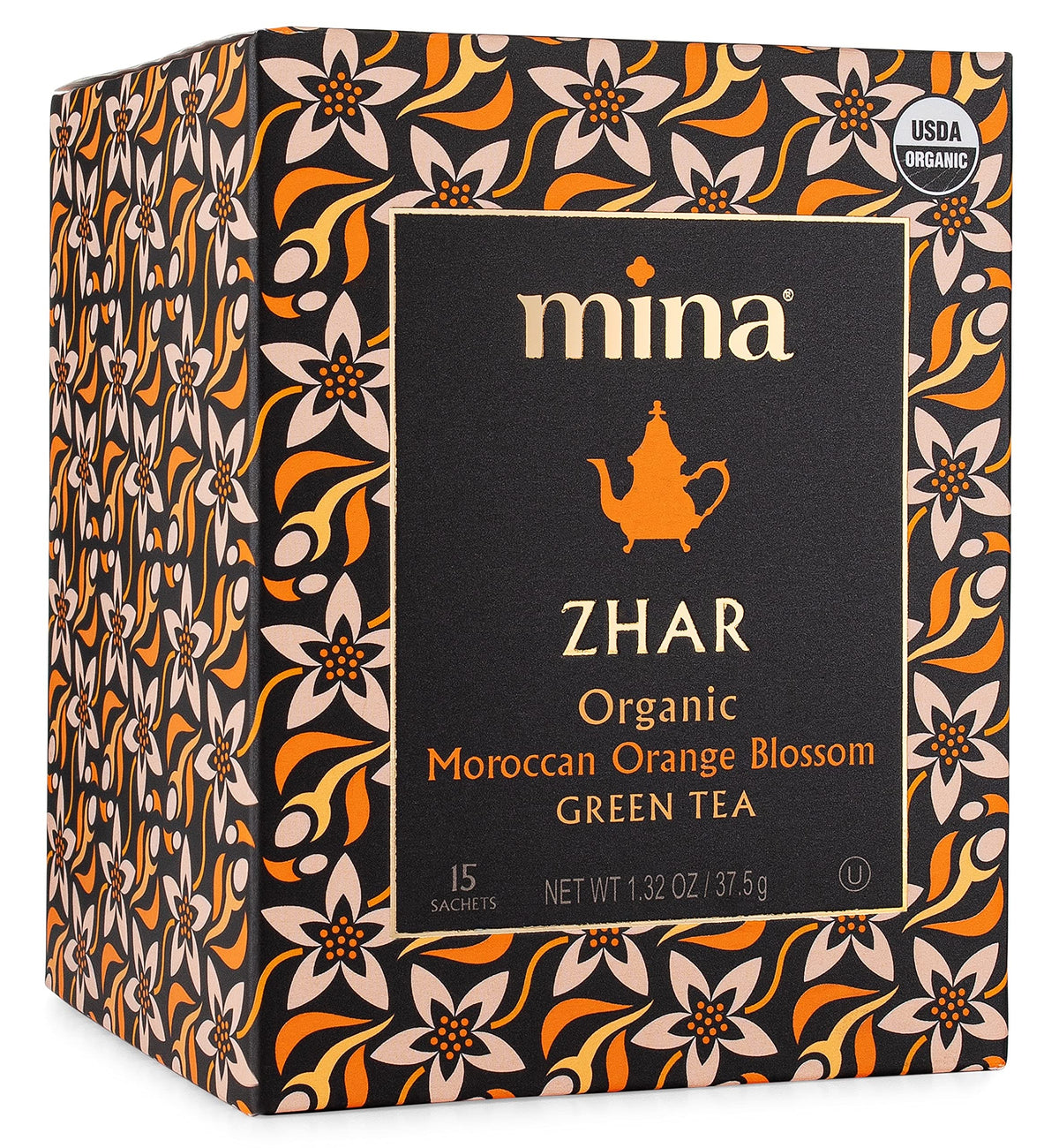 Mina orange blossom green tea packaging highlighting Moroccan flavor.
