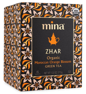 Mina orange blossom green tea packaging highlighting Moroccan flavor.
