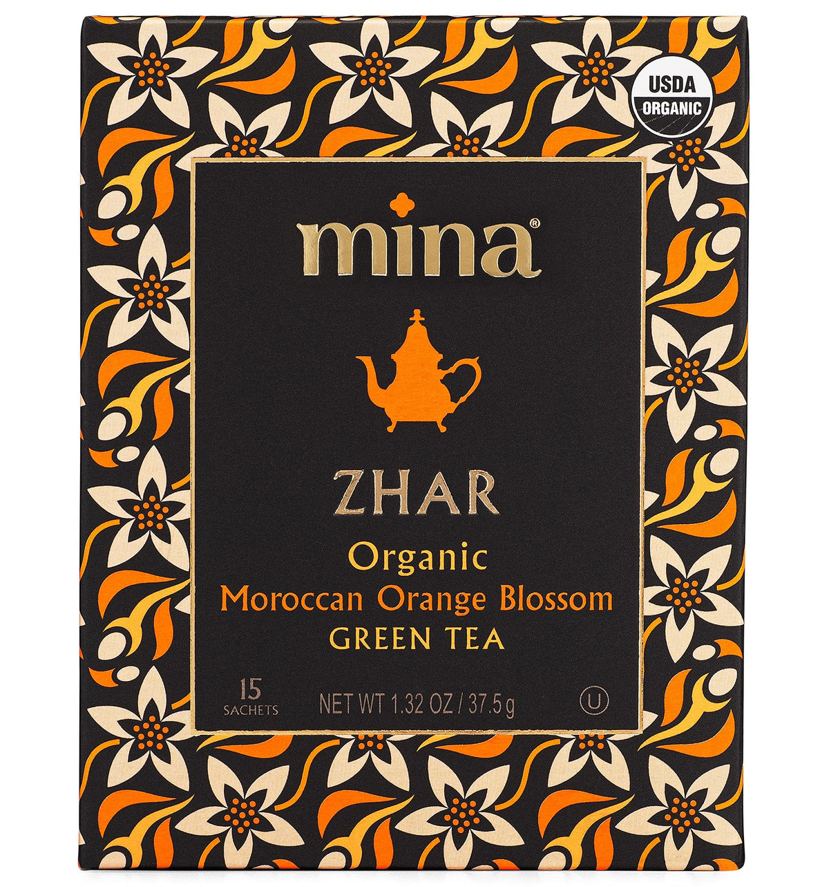 Mina orange blossom green tea steeping cup showing inviting aroma.