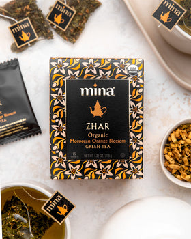 Mina Organic green tea box with 15 sachets.