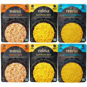 Mina saffron rice pouch; vibrant ready-to-heat side for quick weeknight meals.