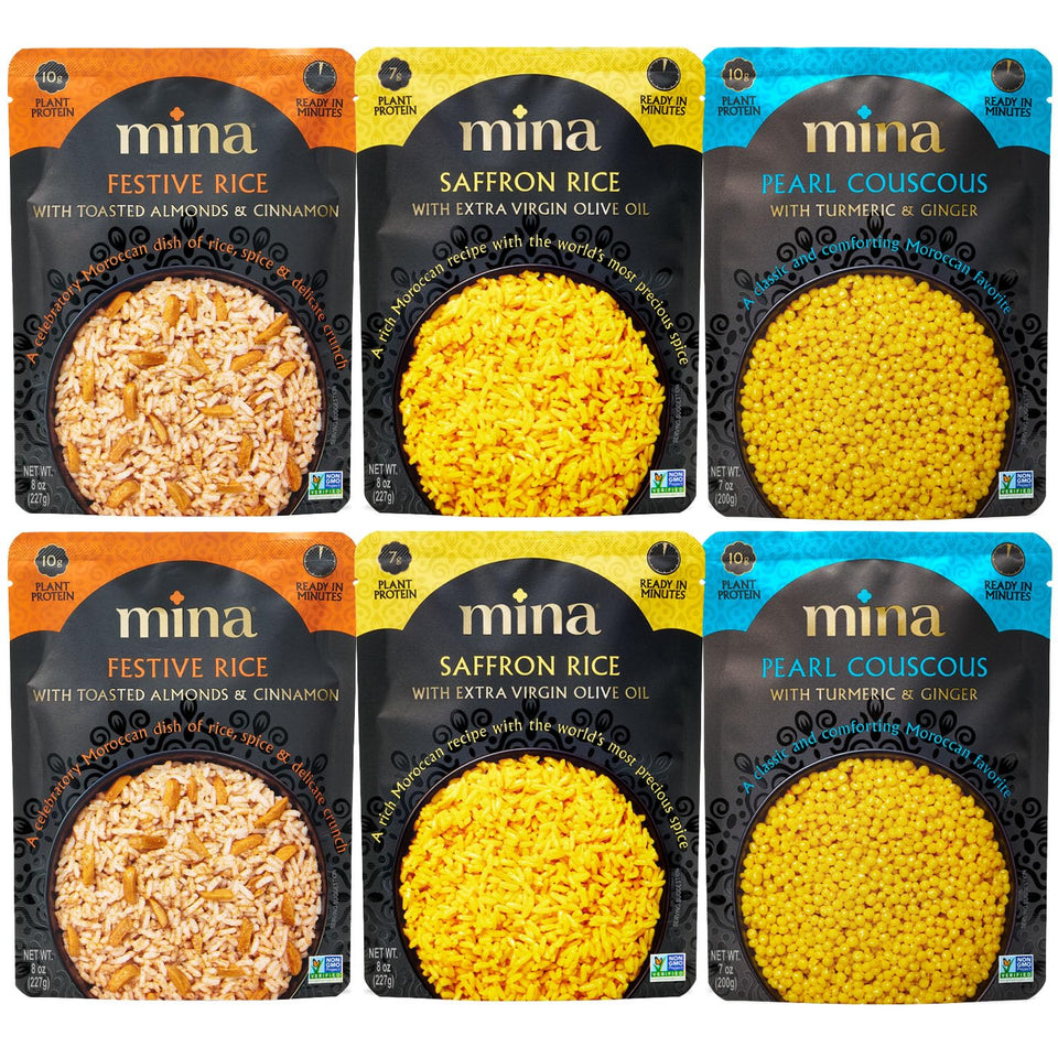 Mina saffron rice pouch; vibrant ready-to-heat side for quick weeknight meals.