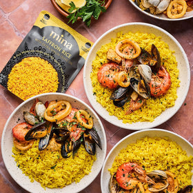 Mina Saffron Rice saffron streaks swirl through grains for visual appeal.