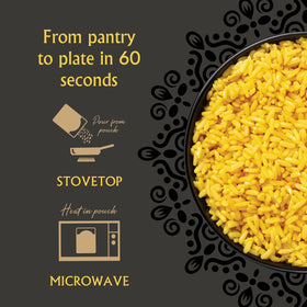 Mina Saffron Rice on the stove yields fluffy grains and rich aroma.