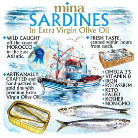 Hand-packed Mina sardine cans highlight freshness and artisanal care.