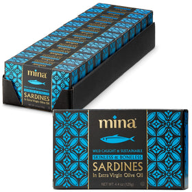 Mina Sardines in olive oil pack of 12 for easy protein on the go.