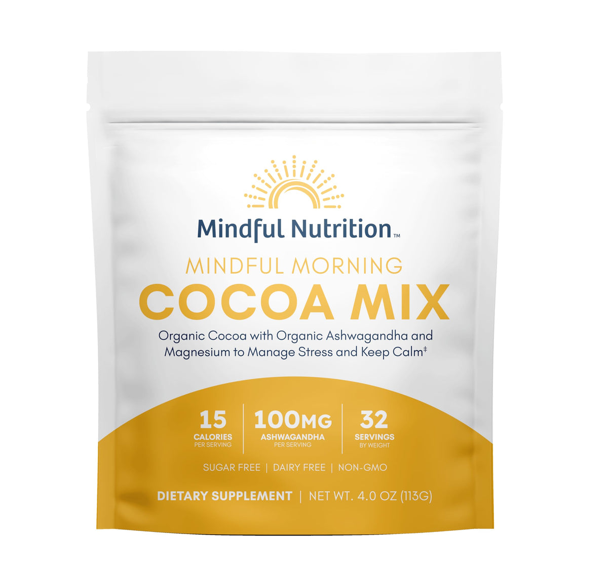 Mindful Morning hot chocolate mix bag shows gluten free vegan and sugar free formulation for mood support