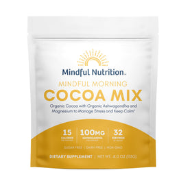 Mindful Morning hot chocolate mix bag shows gluten free vegan and sugar free formulation for mood support