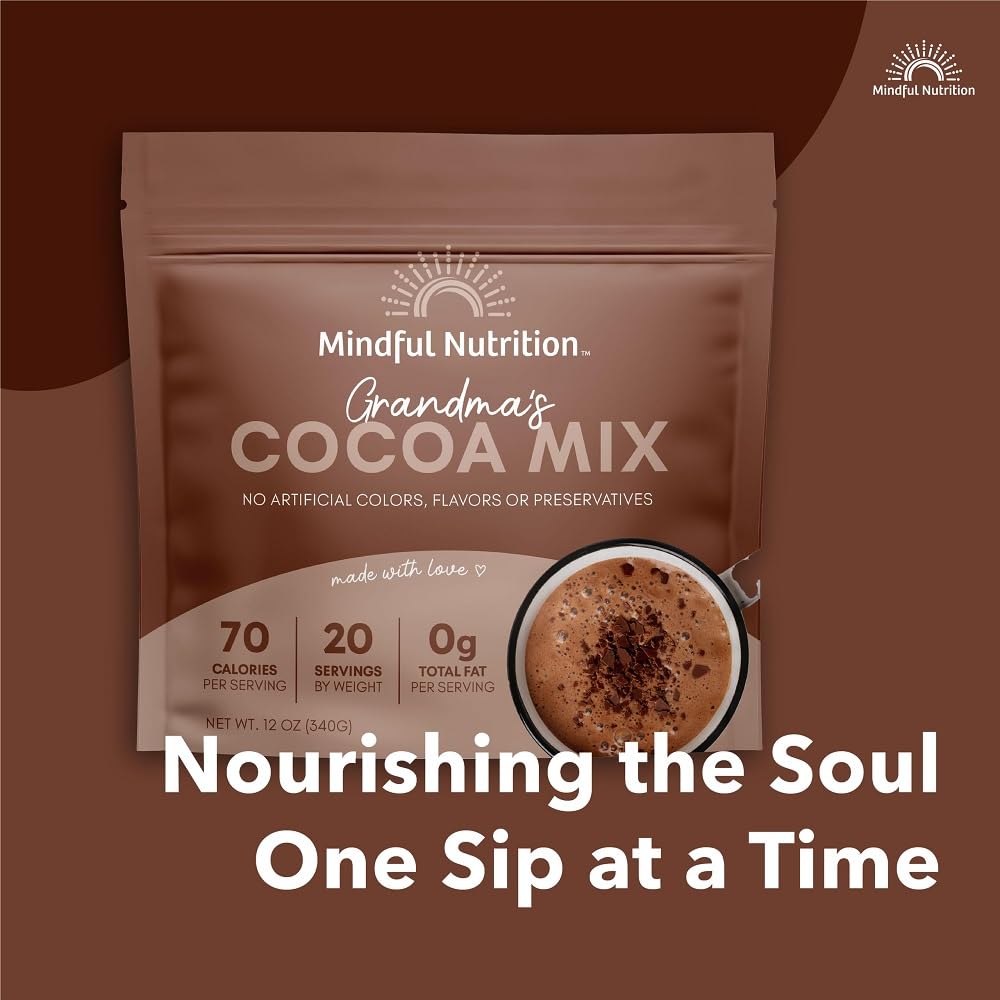 Mindful Nutrition Grandmas organic cocoa powder and sugar blend close-up for rich flavor.